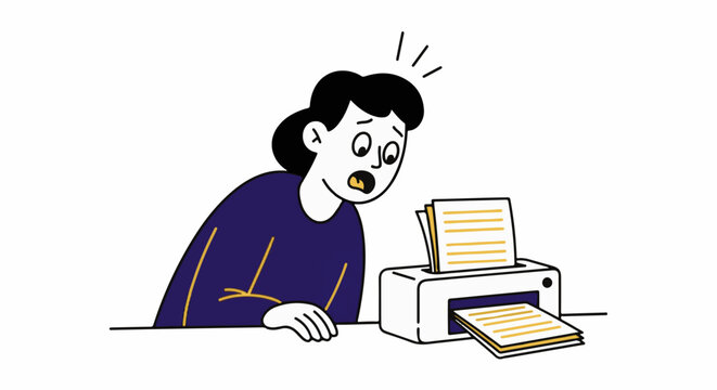 Frustrated woman dealing with printer paper jam issue.