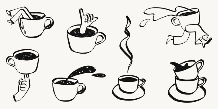Whimsical cafe doodle set with coffee mugs. Retro hand drawn cup illustrations perfect for menu designs, shop posters and vintage brunch graphics. Sketch vector illustration