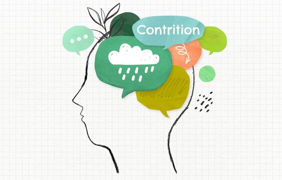 Creative head silhouette with speech bubbles and the word Contrition