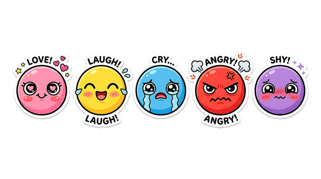 Emotional faces with laughing, crying, angry, loving, and shy expressions