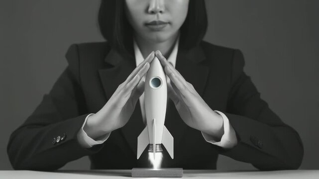 挑戦を後押しする手とロケット模型が飛躍を象徴するビジネスポートレート