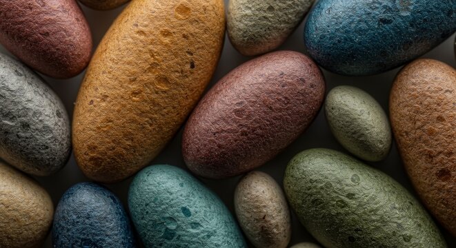 Many colorful pebbles background. Group of smooth stones with natural textures in various shades. Abstract geology pattern for wall decor, spa decoration or mindfulness meditation concept.