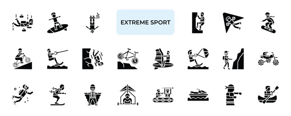 Extreme Sport Icon set Collection in Solid Glyph Style.  adrenaline, adventure, action, outdoor, activity, recreation  © Auric