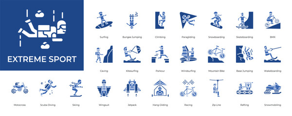 Extreme Sport Icon set Collection in Glyph Two Color Style.  adrenaline, adventure, action, outdoor, activity, recreation  © Auric