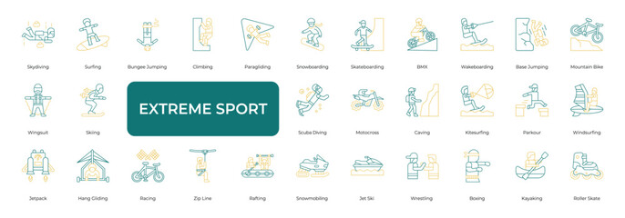 Extreme Sport Icon set Collection in Line Two Color Style.  adrenaline, adventure, action, outdoor, activity, recreation  © Auric