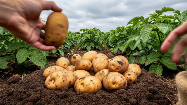 Fresh Potato Harvest: Hands carefully select and gather a pile of freshly dug potatoes in a field, surrounded by rows of healthy potato plants under a cloudy sky.