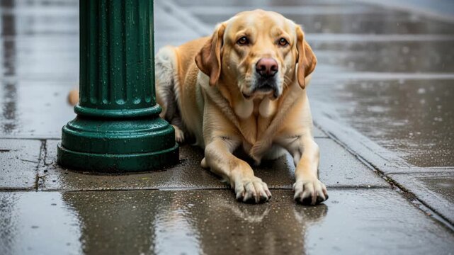 Lonely Labrador in the Rain: A golden Labrador retriever sits forlornly on a wet city sidewalk next to a green lamppost, caught in a downpour, its sad eyes reflecting the gloomy atmosphere.