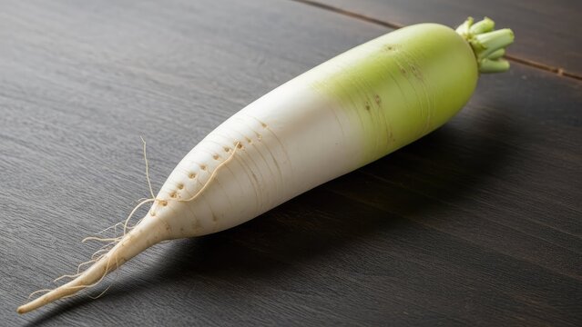 Large white daikon radish on dark wood background.