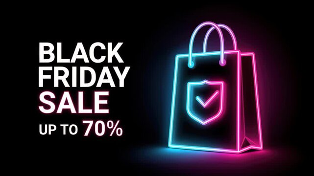 Neon Black Friday Sale: A vibrant neon illustration advertising a Black Friday sale with a shopping bag and the text BLACK FRIDAY SALE UP TO 70%, set against a dark background.