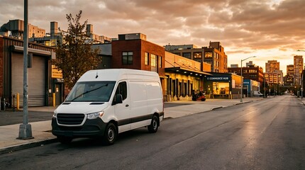 Obraz premium A white van drives down a city street at sunset with buildings and a cloudy sky