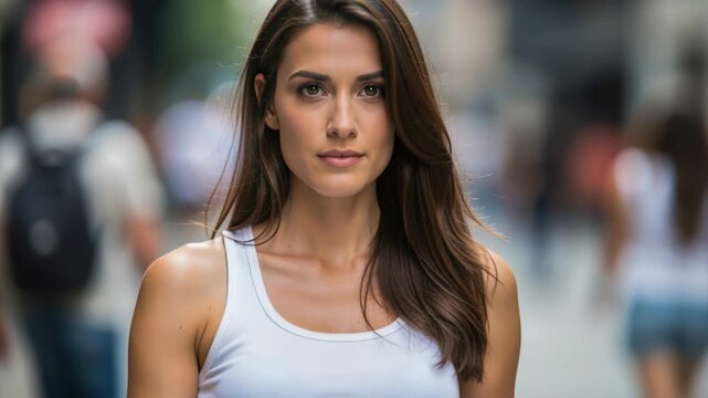 Urban Portrait: A striking young woman with flowing brown hair and an intense gaze is captured in a shallow depth of field, standing amidst the blurred motion of a bustling city street.