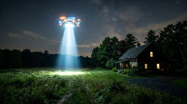 UFO Beam Lights Up Rural House at Night, Alien Invasion Concept