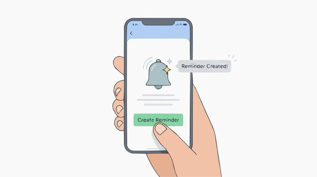 Man creating a reminder in an app, animated bell appearing smoothly, clean design, pure white background.