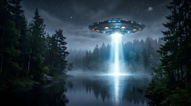 UFO landing beam over forest lake at night with stars and fog