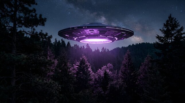 UFO hovering over forest at night with purple lights, alien spacecraft, extraterrestrial mystery