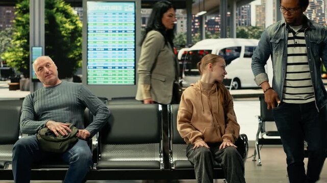 Modern bus station hall with diverse travelers sitting in waiting area before departure. Passengers with carry-on bags preparing for interstate coach travel, affordable cross-country connections.