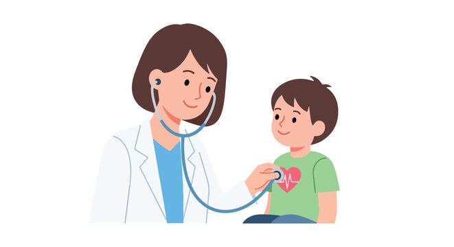 A female doctor in a white lab coat uses a stethoscope to examine a young boy's heart, featuring a heart icon on his green shirt.