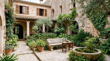 Fototapeta premium Serene interior courtyard utilizing natural cross ventilation featuring historic stone walls and lush green plants.