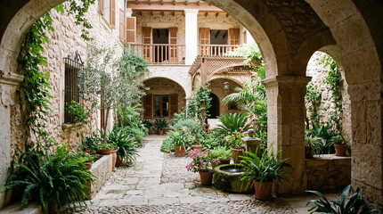 Fototapeta premium Peaceful interior courtyard utilizing natural cross ventilation with rustic stone walls and lush decorative flora.