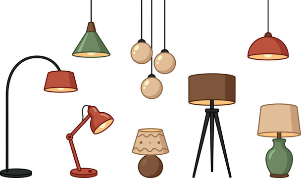 
Home Interior Lamp and Light Fixture Icon Set with Floor, Table, Desk and Pendant Styles for Decor and Furniture Designs