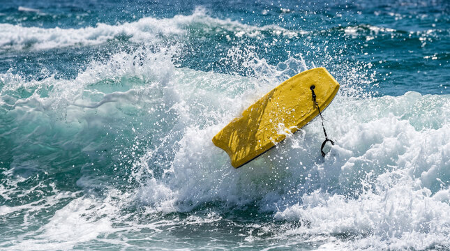 Action Close Up Of Ocean Wave Splash Moving Empty Boogie Board With Dynamic Vibrant Motion