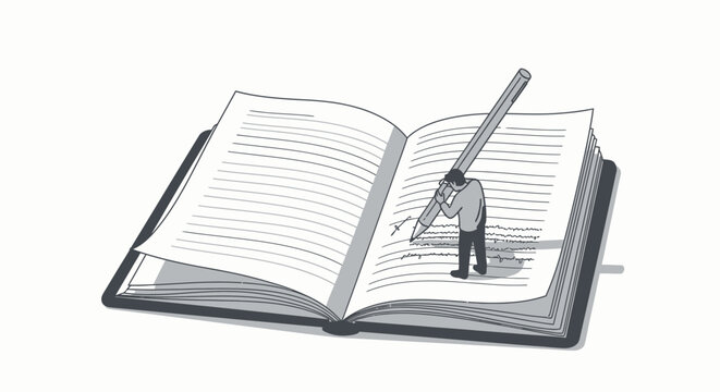 Man standing on book page with giant pencil.
