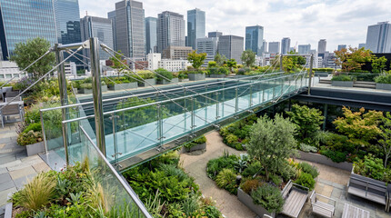 Fototapeta premium Transparent Glass Rooftop Bridge Spanning Modern City Garden Landscape Without People Present Exterior Luxury Architecture