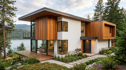 Fototapeta premium Premium modern residential house construction featuring beautiful rich cedar wood cladding on exterior wall panels