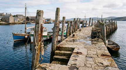 Fototapeta premium Old historic stone wharf with rustic wooden pilings showing weathered textures and a classic mood