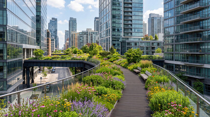 Fototapeta premium Elevated green walkway similar to high line park surrounded by colorful wildflowers and lush trees