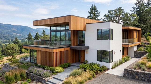 High end modern residential architecture combining rich cedar wood cladding with sleek contemporary building features