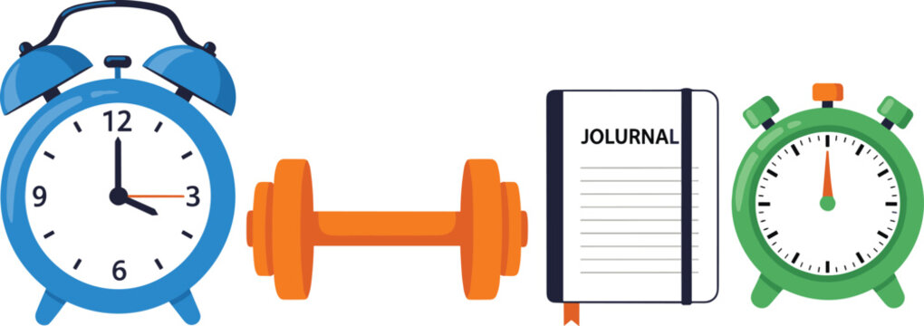 Effective time management and daily productivity routine vector concept with alarm clocks dumbbell and journal notebook for lifestyle habit coaching