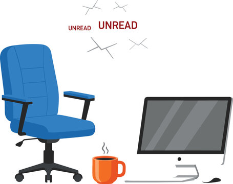  Email overload and workplace communication stress vector illustration showing an empty office chair next to unread messages and a computer monitor