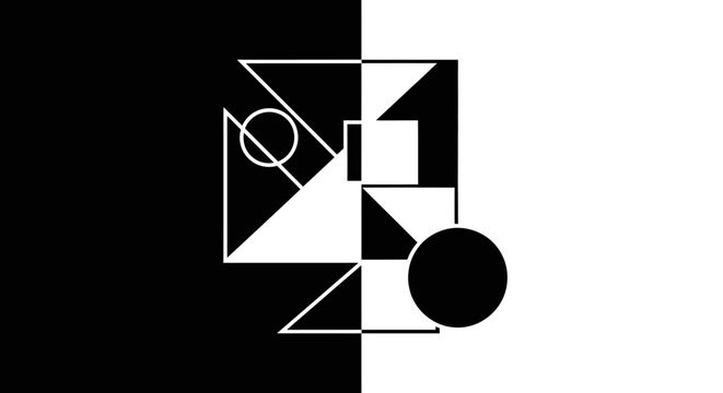 Abstract geometric shapes in black and white on a split contrasting background. Modern minimalist graphic design with dynamic lines and forms.