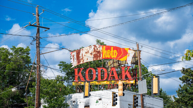 April 2, 2025, US: A billboard of Kodak film, proving technology can be quickly outdated by newer and better one. Film camera industry used to be dominant. But digital camera, cloud storage replaces.