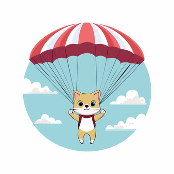 Cute Cat Parachuting with a Red and White Parachute