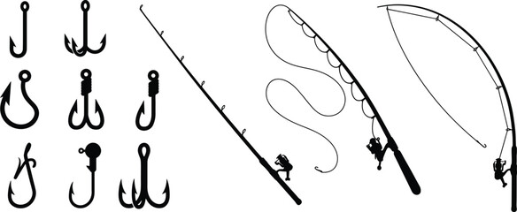fishing rod and reel hook silhouettes vector icons for apparel tshirts © AIcon Star