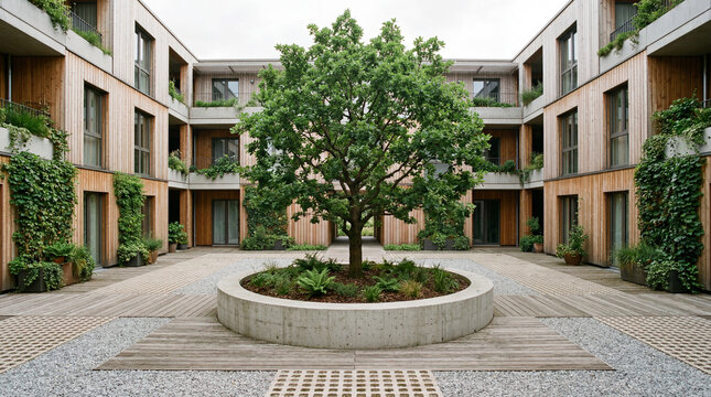 Minimalist balanced garden patio layout featuring one solitary majestic old growth tree positioned exactly middle