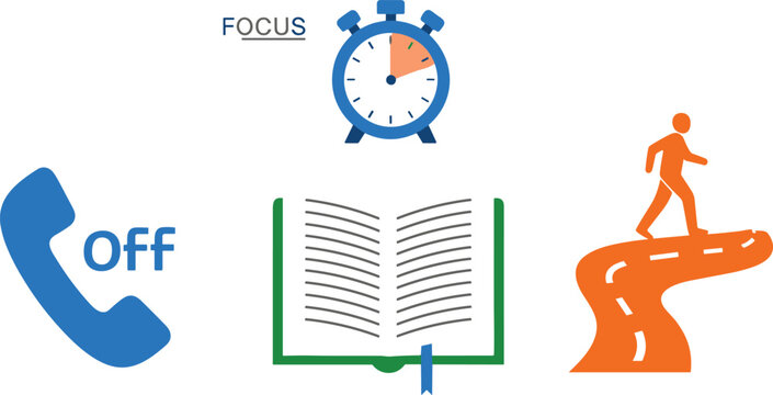 Mindful focus and digital detox productivity infographic vector illustration showing phone turned off book alarm clock timer and walking career path roadmap