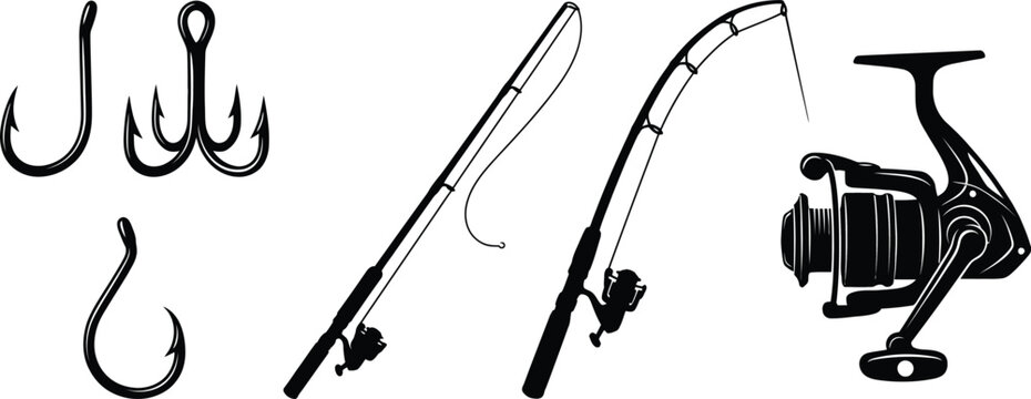 fishing hooks rods reel silhouette vector clipart set kit for designer
