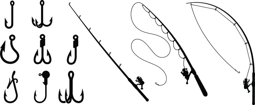 fishing rod and reel hook silhouettes vector icons for apparel tshirts