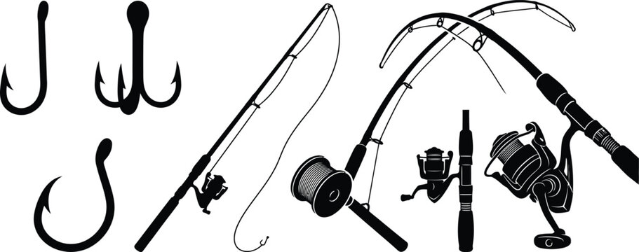 fishing tackle set hooks rods reels silhouette clipart for logos badge