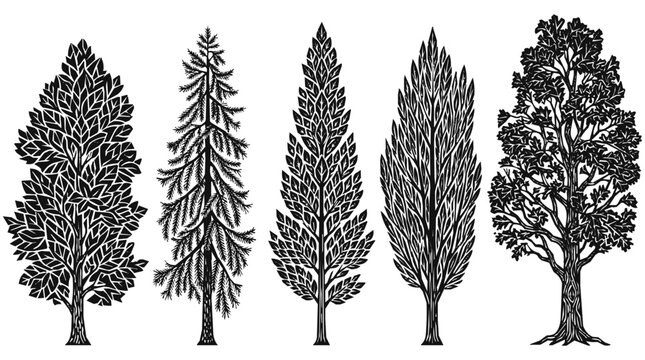 Set of Black and White Woodcut Vector Tree Silhouettes in a Vintage Forest Botanical Linocut Style