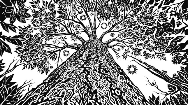 Dramatic black and white linocut vector art of a majestic, ancient tree viewed from below, with intricate bark textures and sprawling branches,