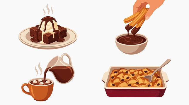 A delicious collection of sweet treats including brownies with ice cream, churros dipped in chocolate, hot chocolate with marshmallows, and bread pudding