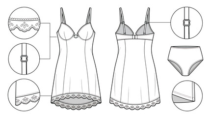 Obraz premium Lingerie Slip Technical Flat With Lace Trim Front And Back Views And Sewing Details