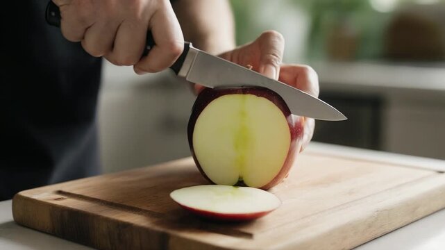 hand peeling red apple into yellow bowl on wooden table