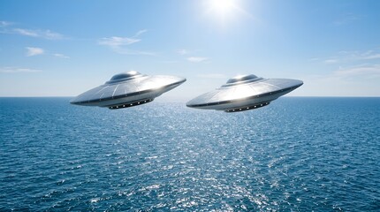 Naklejka premium Two alien flying saucers hovering over the ocean under a bright sun