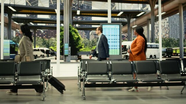 Crowded urban transit station with passengers on the move during weekday commute hours. Multicultural city dwellers in busy mass transit hub filled with everyday travel activity.