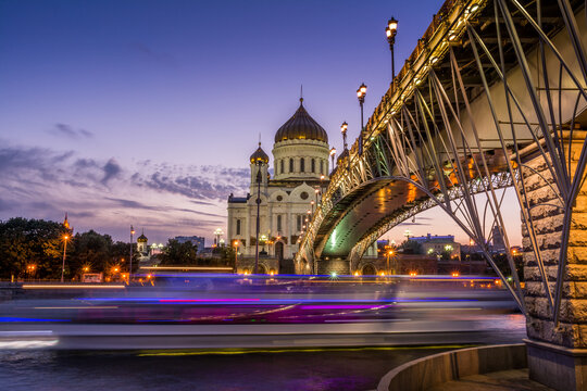 Blue Hour at Cathedral of Christ the Saviour and Patriarshy Bridge, Moscow River, Russia